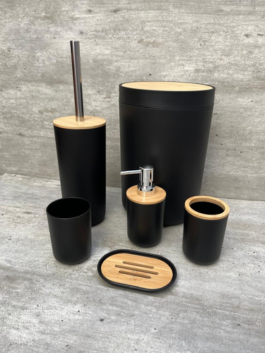 Set De Baño Plástico Y Bambú 6 Piezas Estilo Nordico Negro