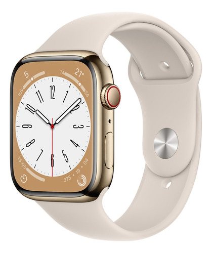 Apple Watch Series 8 GPS + Celular - Caja de acero inoxidable color oro 45 mm - Correa deportiva blanco estelar - Patrón - Distribuidor Autorizado