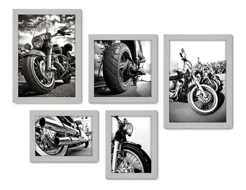 Kit Com 5 Quadros Decorativos - Motos Motocicletas Sala 239 Cor Moldura Branca