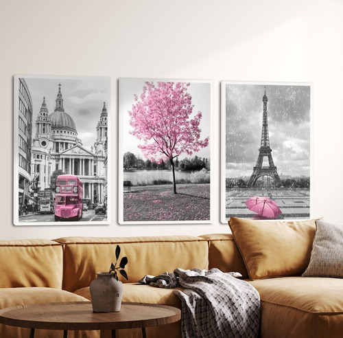 Quadro Londres Árvore Da Vida Rosa Paris Torre Eiffel Grande