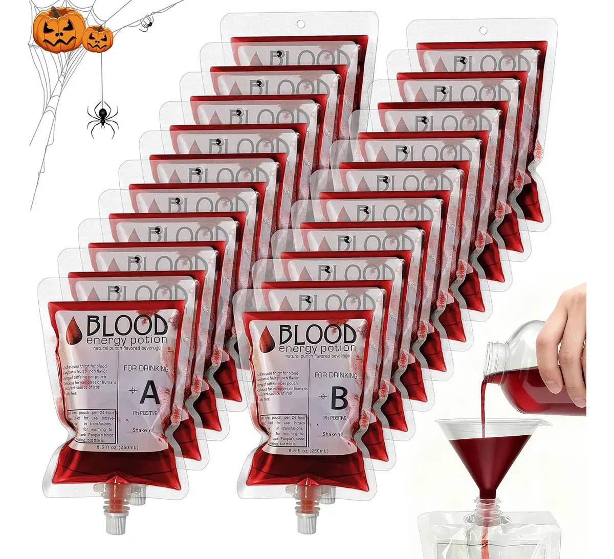 20 Bolsa De Sangre Falsa Halloween Fiesta Vampiro Para Bebida Con Tapa 250ml Plásticas Vasos Desechables Con Embudo Kit De Decoración Para Fiestas