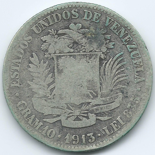 Moneda De Plata 2 Bolívares De 1913 - Ancho- Escaso