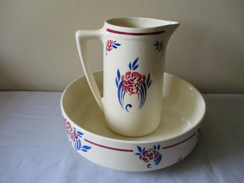 Antiguo Aguamanil Y Jofaina Francesa Art Deco De Porcelana