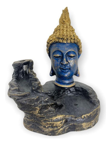 Incensário Cascata Cabeça Buda Azul 11cm Resina Meditação