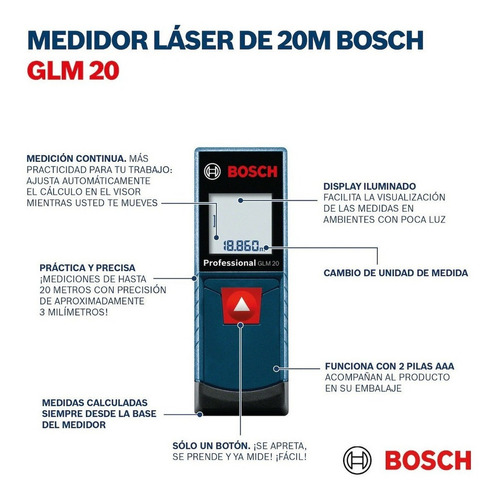Imagen 3 de 5 de Medidor De Distancia Laser Bosch Glm 20 Mts Cinta Metrica