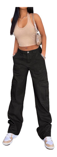 Multibolsillos Jeans Pantalón Recto Cargo De Talle Alto Moda