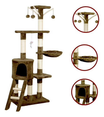 Mueble Rascador Para Gato Casa Juguete Escalera Hamaca 140cm Color Taupe
