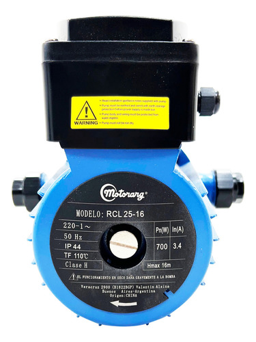 Bomba Centrifuga Recirculadora Motorarg Agua Caliente 700 Wa Color Azul Fase eléctrica Monofásica Frecuencia 50 Hz