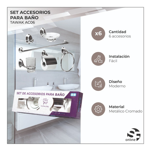 Set Accesorios Baño Ducha 6 Pzs. Acero Inox Vidrio Tawak Sf