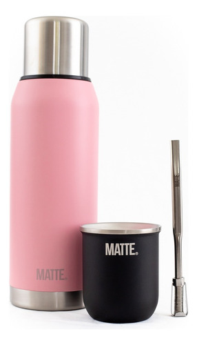 Set Termo Matte Pink 1l + Mate Steel + Bombilla 