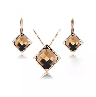 Juego Set Collar Y Arete Mujer Rombo Cristal Marrón Elegante