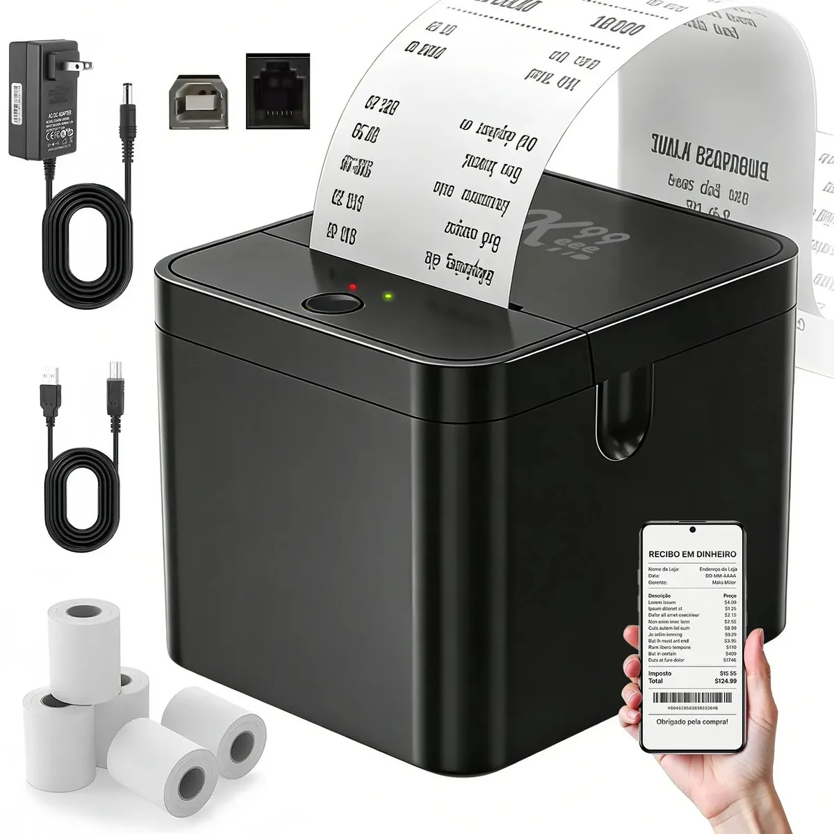 Impressora Térmica Recibo Portatil 58mm Bluetooth USB Pdv iFood Cupom Não Fiscal + 5 Bobinas