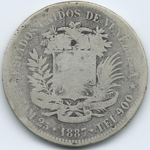 Moneda Fuerte De Plata 5 Bolívares De 1887