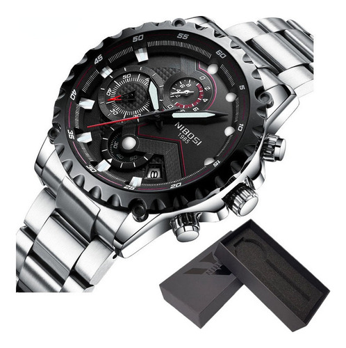 Reloj Nibosi 2322 Chronograph Luminous De Acero Inoxidable Fondo Plata Negro