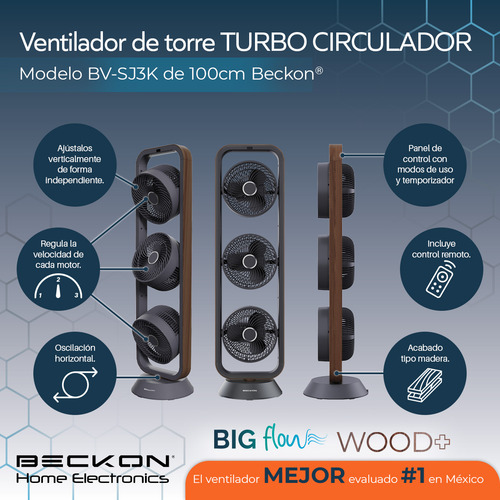 Ventilador De Torre Turbo Circulador 100cm De Alto Beckon Con 3 Motores Big Flow Y Acabado Tipo Madera +control Remoto +oscilación +temporizador +modos De Uso