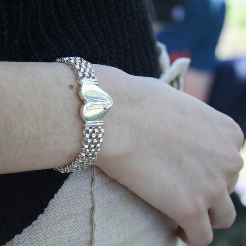 Pulsera Plata 925 Gruesa Con 1 Dije De Corazón (p889) Largo 19 Cm