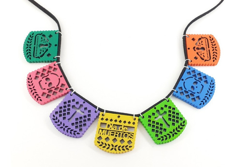 Collar Dia De Muertos - Papel Picado - Madera Pintada A Mano