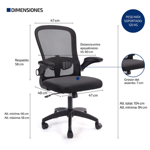 Silla De Escritorio Y Oficina Ergonomica Pc Giratoria Femmto Bm001 Negro Mesh Peso Maximo 120kg Apoyabrazos Rebatibles
