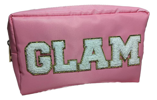 Glitter Glam Preppy Makeup Cosmetics Bag, Pink Nylon Preppy 