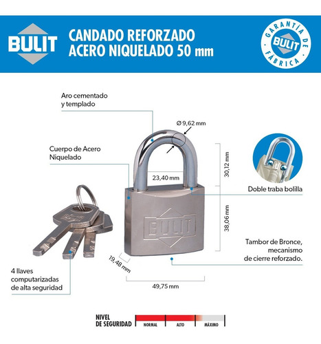 Candado Bulit Reforzado Acero Niquelado Bulit N° 50