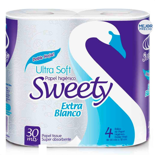 Imagen 1 de 7 de Papel Higienico Sweety Doble Hoja Extra Blanco X4 Rollos 