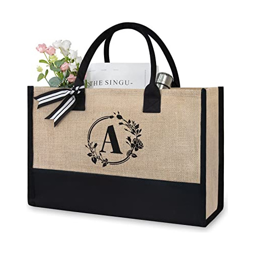 Initial Jute/canvas Tote Bag, Personalized Present Bag,...