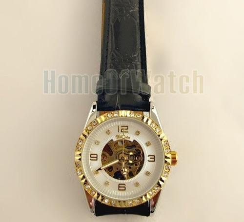 Relógio De Luxo Skeleton Feminino Strass Dourado Winner