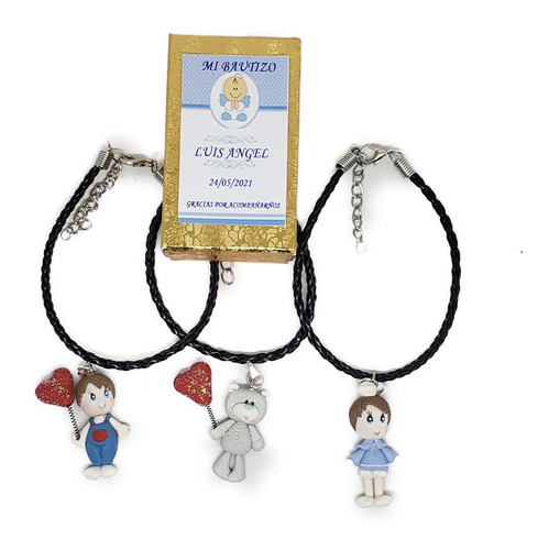 Recuerdo Bautizo 3 Pz Pulsera De Piel Con Dije Niño