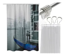 Comprar Combo Cortina Baño Estampada Protector 12 Ganchos Metálicos