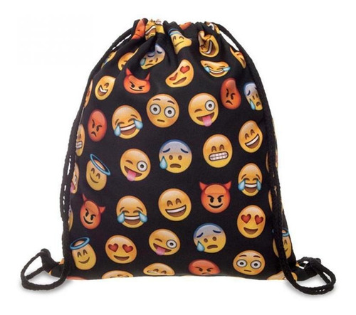 Mochila Saco Carinha Emoji Divertido Bolsa Sacochila Preto