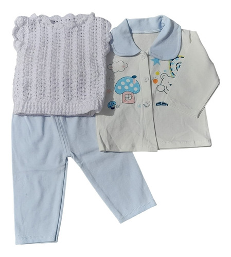 Conjunto Bebe 2 Piezas Algodón + Chaleco Tejido Crochet  3m