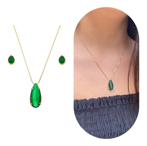 Colar Feminino Com Brincos Gota Verde Folheado A Ouro 18k 