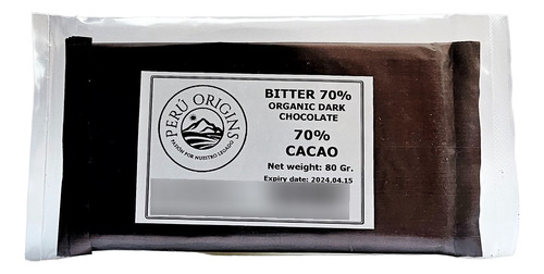 Barra De Chocolate Bitter - 70% Cacao Orgánico - 80 Gr.