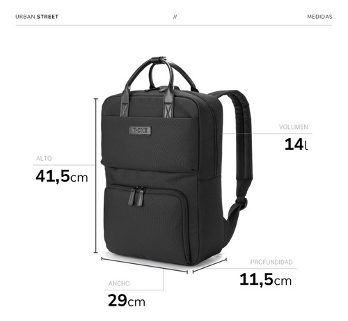 Mochila T-onebag Street urbana estudio notebook reforzada impermeable bolsillos color negro diseño de la tela liso