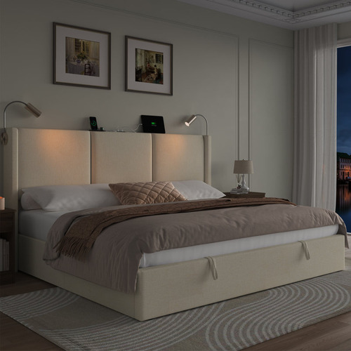 Base De Cama King Size Con 2 Luces De Lectura Color Beige