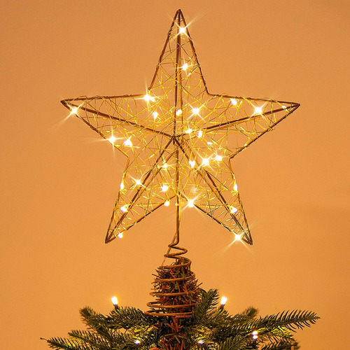 Estrella Para Arbol De Navidad Metal Dorado Luces Led 25cm