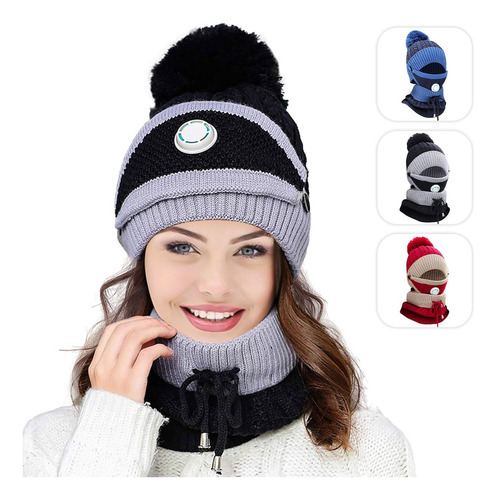 3en1 Gorro Tejido Bufanda Cuello Invierno Para Frío Mujer