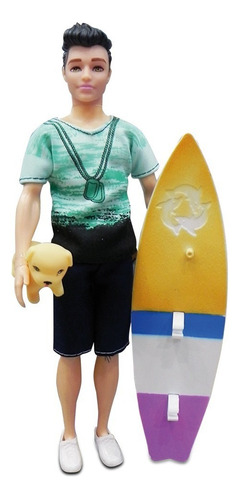 Muñeco Articulado Surfista C/tabla, Surf Y Perro - 30cm