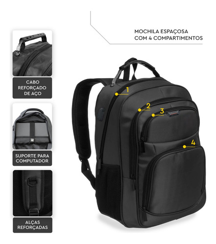 Imagen 6 de 10 de Mochila Notebook Usb Impermeable Reforzada Compartimientos