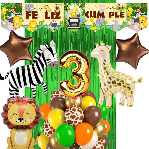Combo Globos Animales De La Selva Safari Banderin Numero Dorado Número 3