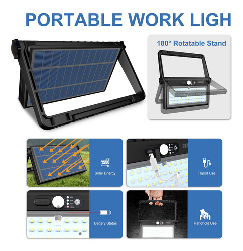 Luz De Trabajo Solar Led Recargable Luz De Inundación Con 3