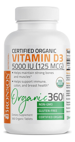 Vitamina Organica D3 5000 Iu 360 Compr Bronson Import Eeuu