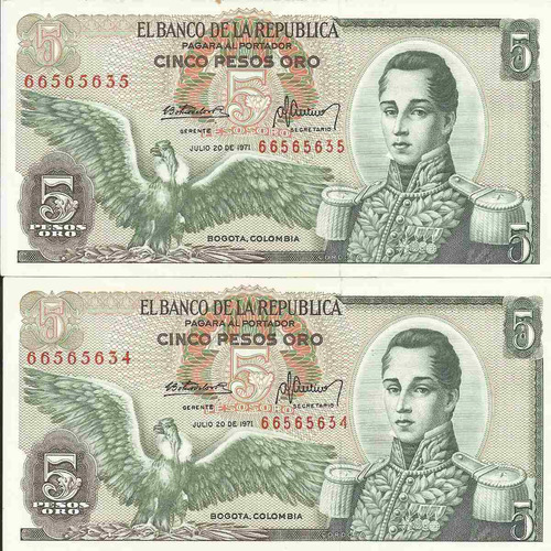 Colombia Dúo De Números Consecutivos, 5 Pesos 20 Julio 1971