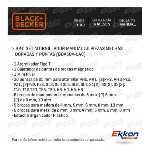 Imagen 2 de 5 de Juego Atornillador 50 Mechas Puntas Taladro Black Decker
