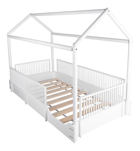 Cama Casa Blanca De Madera Con Barandales 72 Cm Para Niños 