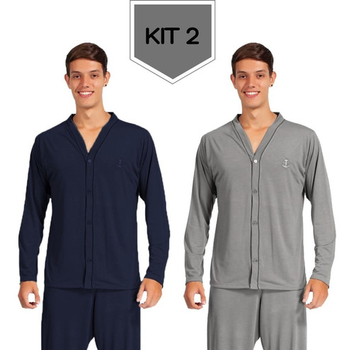 Kit 2 Pijama Manga Longa Botão Longo Aberto Adulto Masculino