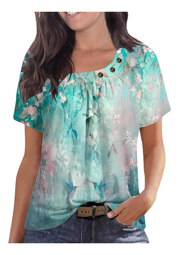 Top Plisado Con Cuello Estampado De Manga Corta Para Mujer