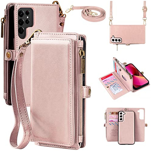 Funda De Cuero Tipo Cartera Para Galaxy S22 Ultra Rosa Oro