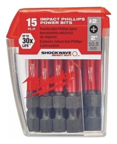 15 Puntas Impacto Ph2 X 50mm Milwaukee + Estuche 4832-5004