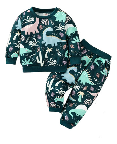 Conjunto De Sudadera Niños 1-5a Con Estampado De Dinosaurio Verde Oscuro 2-3 Años